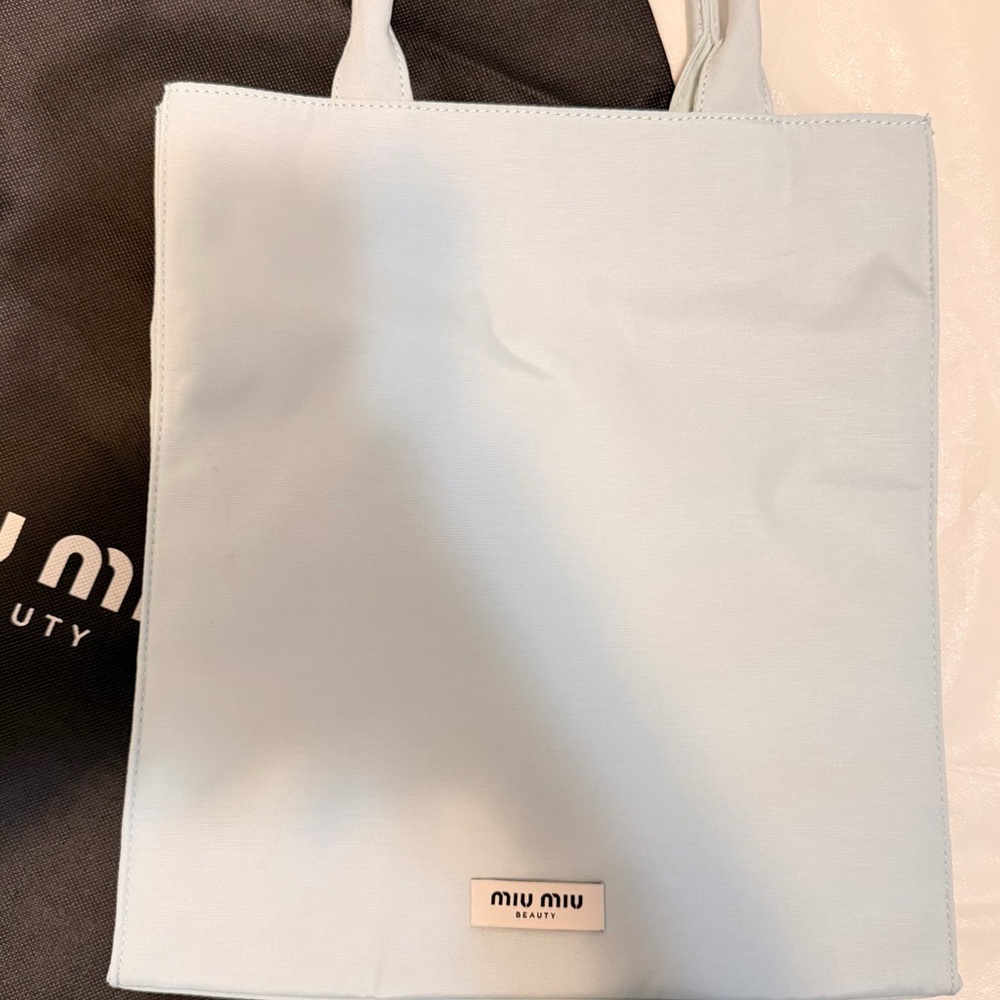 Miu Miu Pale Blue Tote with Logo Plaque